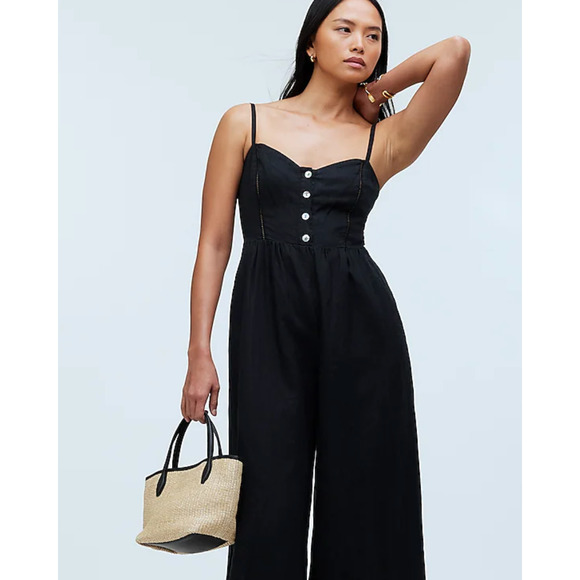 Madewell Sleeveless Wide Leg Jumpsuit 100% Linen Black Pockets Flowy US 00 NWT - Picture 2 of 16
